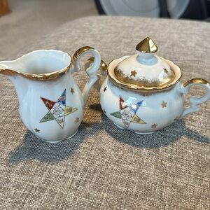 Lefton OES Order of Eastern Star Sugar Bowl Creamer Masonic Vintage Gold…